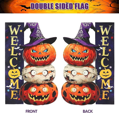 Halloween Pumpkin Monster Garden Flags 12x18 Inch Double Sided, Welcome Funny Small Yard Flags for Outside, Farmhouse Front Porch Outdoor Fall Decor Holiday All Seasons Decoration