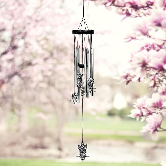 Owl Windchimes - Silver Metal Owls - Mobile Musical Wind Chime - Porch Deck Garden - 26" Long