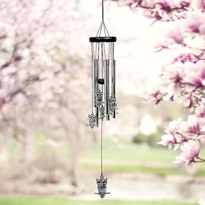 Owl Windchimes - Silver Metal Owls - Mobile Musical Wind Chime - Porch Deck Garden - 26" Long
