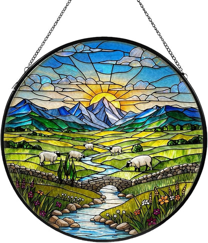 Green Irish Hills Stained Glass Window Hanging, Suncatcher for Window Hanging, Sun Catchers Indoor Windows Wall Art for Nature Lovers, Suncatcher for Home Garden Office 7.87 inches
