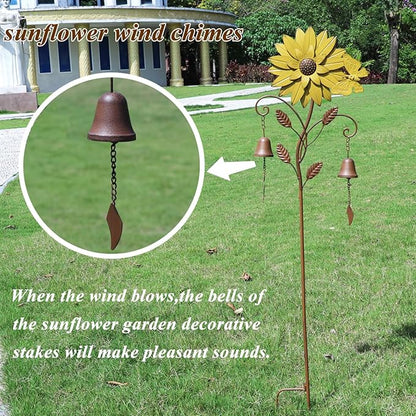 HLQMFHT Sunflower Garden Stake with Bells, Decorative Garden Stakes for Garden Yard Patio Decor