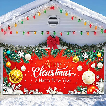 IVN Christmas Garage Door Cover Decoration 13x6ft Gold and White Baubles Red Snowflake Design Merry Christmas Winter Garage Door Banner Home Door Front Yard Decor for Xmas Eve Holiday Outdoor