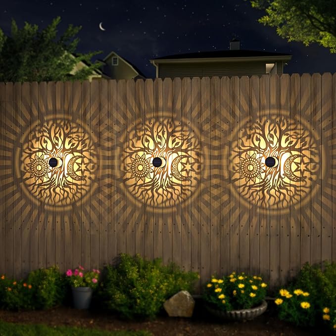 4 Pack Large Solar Fence Lights Metal Solar Powered Outdoor Wall Deck Step Lights Tree Theme Waterproof Fence Light for Garden Post Patio Backyard Yard Decor, Gardening Gifts for Women Mom Grandma