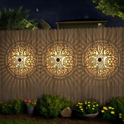 4 Pack Large Solar Fence Lights Metal Solar Powered Outdoor Wall Deck Step Lights Tree Theme Waterproof Fence Light for Garden Post Patio Backyard Yard Decor, Gardening Gifts for Women Mom Grandma