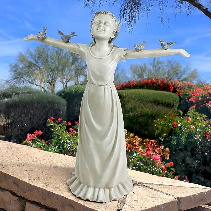 Design Toscano Basking in Glory Little Girl with Birds Outdoor Garden Statue, Large, 29 inches tall, Cast Stone Resin, Two Tone Stone Finish