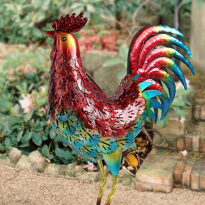 Kircust Solar Metal Rooster Animal Lights Garden Sculptures Art Decor, Outdoor LED Light Color Chicken Statue for Farm Patio Lawn Back Yard Home Decorations,13.98" WX5.9 DX16.74 H