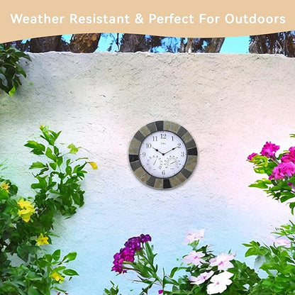 Lily's Home 13 Inch Wall Clock with Thermometer & Hygrometer - Indoor & Outdoor Hanging Clock with Temperature Humidity Gauge, Slate-Look Design for Patio, Garage & Living Room