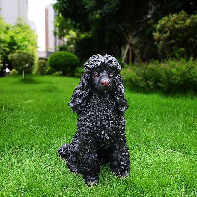 Poodle Garden Statue with Solar Lantern, Realistic Dog Sculpture, Birthday Gift for Women Mom Grandma, Housewarming Gift for New Home, Outdoor Resin Puppy Decor,Black