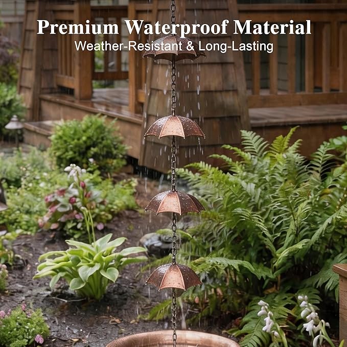 Rain Chain Decoration 6 Ft., Outdoor Rain Catcher Metal Chain Downspout 72'' for House Eaves, Garden & Home, Umbrella Shape Rain Chains