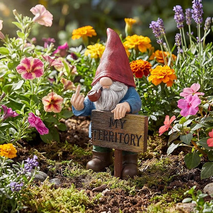 Lavezee Funny Garden Gnome, Middle Finger Gnomes Statue with Solar Lighted Sign – “My Territory” for Patio Backyard Porch Outdoor, Humorous Housewarming Gifts for Men Dad Husband