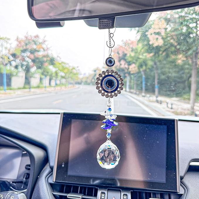 Crystal Suncatcher for Windows - Hanging Prism Sun Catchers with Crystal Balls&Blue Eye, Rainbow Maker for Home、 Garden、Car Decor (Round Eyes)