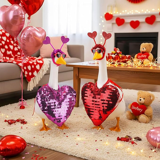 Abbylike 2 Sets Valentine's Day Porch Goose Outfits Love Heart Yard Goose Clothes Costume Fits Large 23'' Cement for Garden Yard Statue Pathway Decorations