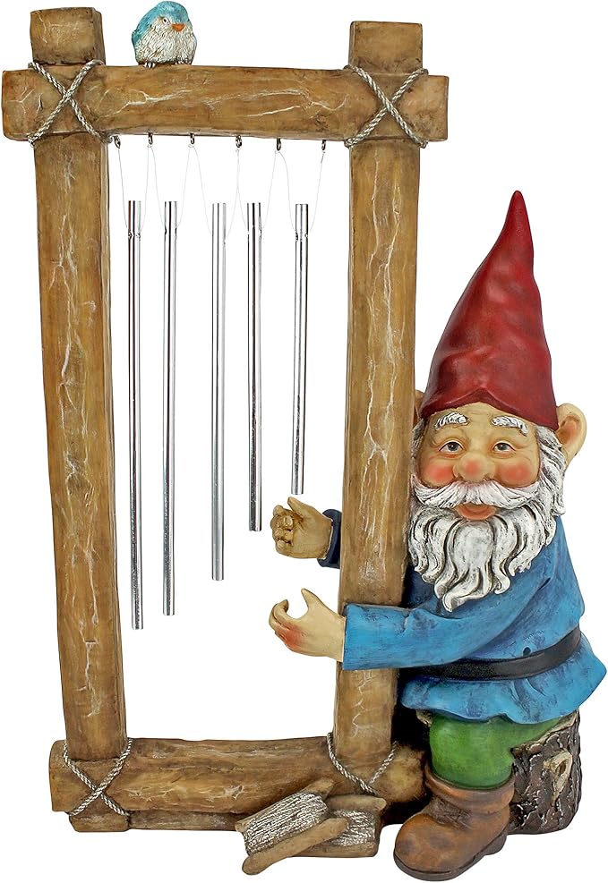 Design Toscano HF5152401 Garden Gnome Statue - Ringing His Chimes Garden Gnome - Lawn Gnome,full color