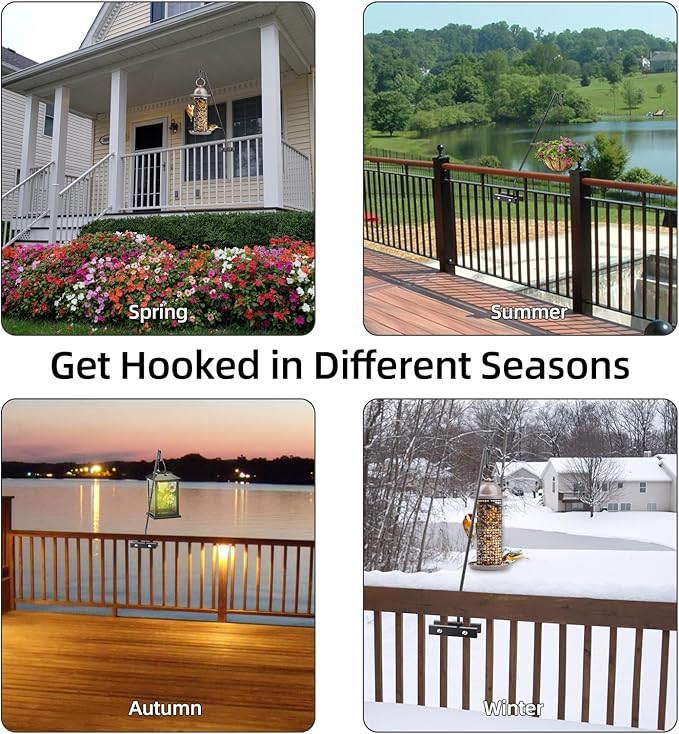 Deck Hook Railing Mount - Heavy Duty Metal Shepherds Hook Bracket for Outdoor Plant Hanger, Bird Feeder Hanger, Plant Hooks, Flower Baskets, Lanterns - 360° Rotating Pole, Extended Arm