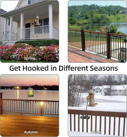 Deck Hook Railing Mount - Heavy Duty Metal Shepherds Hook Bracket for Outdoor Plant Hanger, Bird Feeder Hanger, Plant Hooks, Flower Baskets, Lanterns - 360° Rotating Pole, Extended Arm