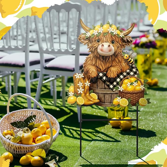 Amyhill Lemon Highland Cow Outdoor Decor Summer Lemon Garden Metal Stakes Decorative Highland Calf Lovers Yard Signs with Stakes for Summer Farmhouse Holiday Garden Lawn Decor