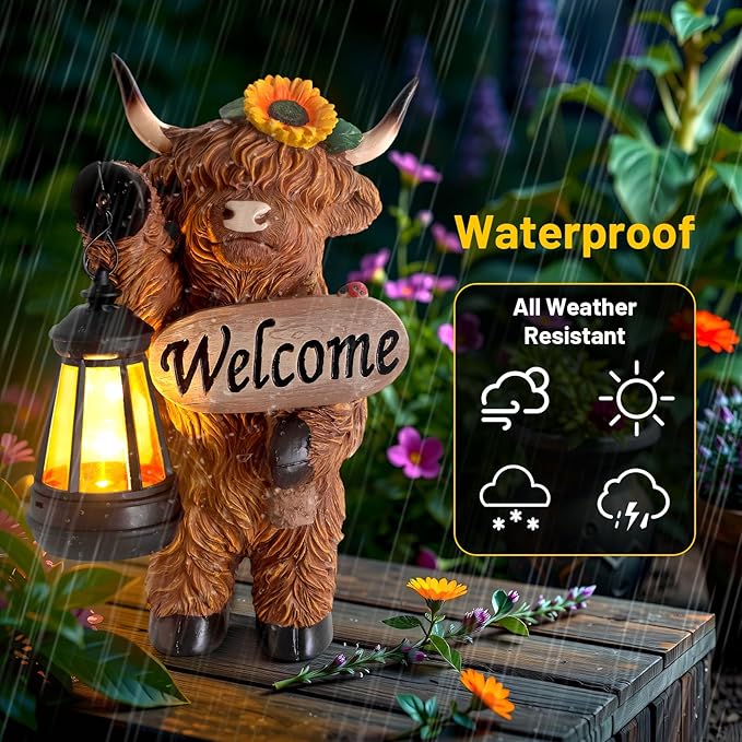 Garden Highland Cow Decor, Solar Outdoor Statue with Lantern Funny Highland Cow Figurine for Yard Garden Patio Lawn Ornaments - Unique Birthday Gifts for Mom, Women