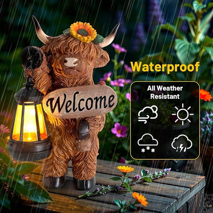 Garden Highland Cow Decor, Solar Outdoor Statue with Lantern Funny Highland Cow Figurine for Yard Garden Patio Lawn Ornaments - Unique Birthday Gifts for Mom, Women