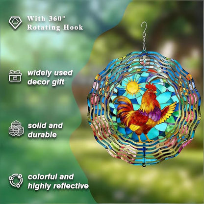 10 Inch 3D Rooster Wind Spinner for Yard and Garden, Laser Cut Metal Hanging Kinetic Wind Rustproof Sculpture for Lawn Balcony Window Porch Outdoor Decor