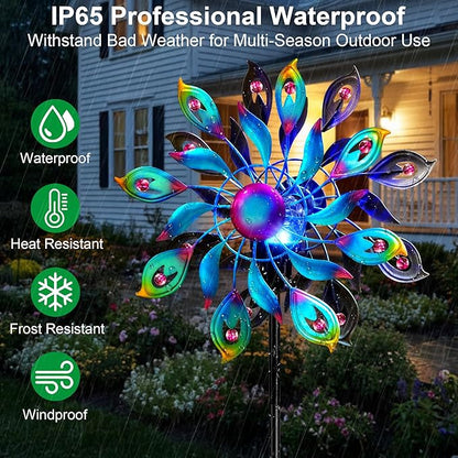 52'' Solar Wind Spinner Outdoor Metal - Kinetic Garden Wind Sculptures with Multi-Color Changing LED Glass Ball, Peacock Tail Design Yard Art Stake Decor for Patio, Lawn, Pathway Decoration