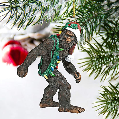 Design toscano yeti with santa hat funny christmas tree ornament, 2 inches wide, 1 inches deep, 3 inches high, brown bigfoot the holiday yetti