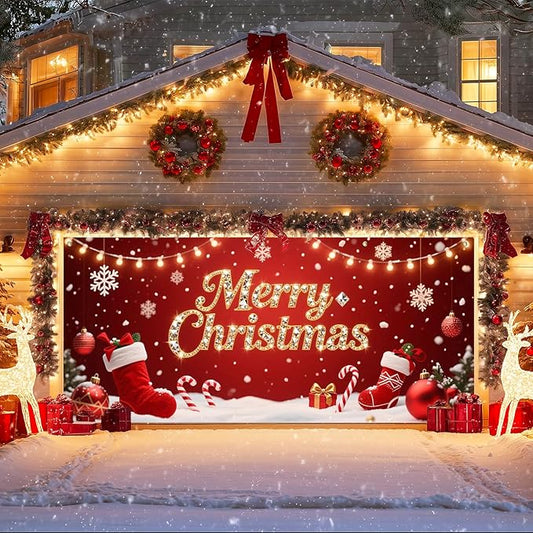 IVN Christmas Garage Door Cover Decoration 13x6ft Red Stockings Candy Canes Snowflakes Ornaments Merry Christmas Winter Garage Door Banner Home Door Front Yard Decor for Xmas Eve Holiday Outdoor