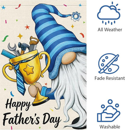 Heyfibro Happy Father's Day Gnome Garden Flag 12x18 Double Sided Burlap, with Tool Trophy Blue Striped Yard Banner for Best Dad Spring Outside Outdoor House Fathers Day Decoration (ONLY FLAG)