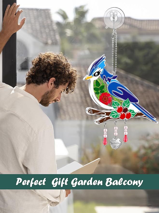 KY&BOSAM Blue Bird Suncatcher I Love You Grandma Glass Sun Catchers for Window Hanging Wind Chime Ornament with Real Flower and Metal Charm Birthday Gifts for Women Mother`s Day Valentine’s Christmas