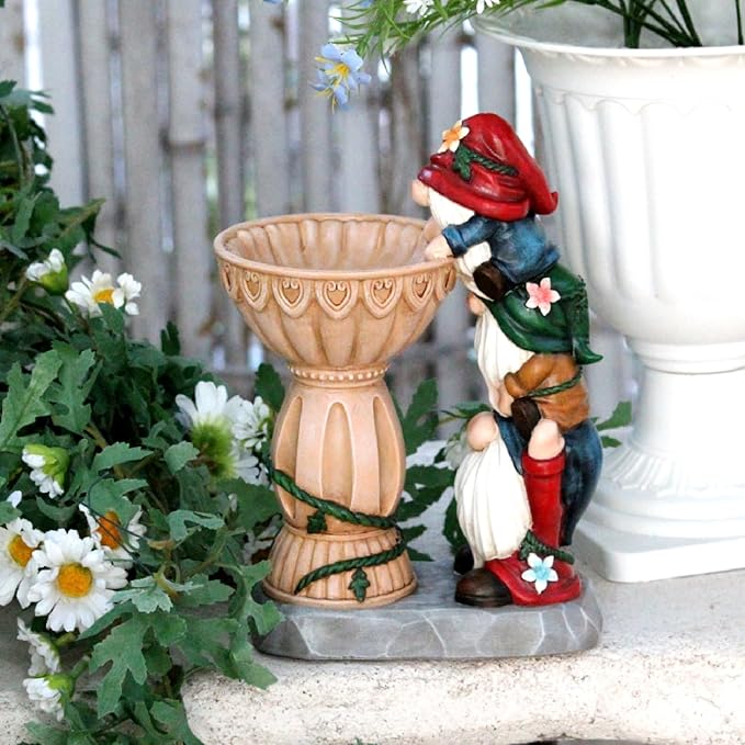 Garden Gnomes Outdoor Gnomes Garden Decorations for Yard Colorful Lights Resin Solar Outdoor Statues with Bird Bath Feeder Outside Lawn Patio Housewarming Gifts 6.25 * 4.25 * 9.25 Inch
