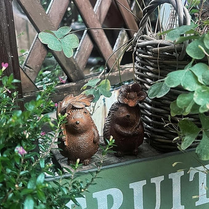 Rust Iron Hedgehog Garden Statue, 3.9 Inch High Cute Animal Garden Figurines for Patio Yard Lawn Outdoor Decor(Rust, White Color) (Rust-Flower)