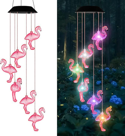 Flamingo Solar Wind Chime Light for Outdoor Decor – Waterproof Solar-Powered Wind Chime with 6 Color-Changing LED Flamingo Lights, Decorative Lights for Holiday Housewarming - Unique Gift for Her