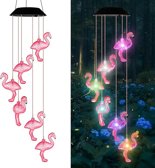Flamingo Solar Wind Chime Light for Outdoor Decor – Waterproof Solar-Powered Wind Chime with 6 Color-Changing LED Flamingo Lights, Decorative Lights for Holiday Housewarming - Unique Gift for Her