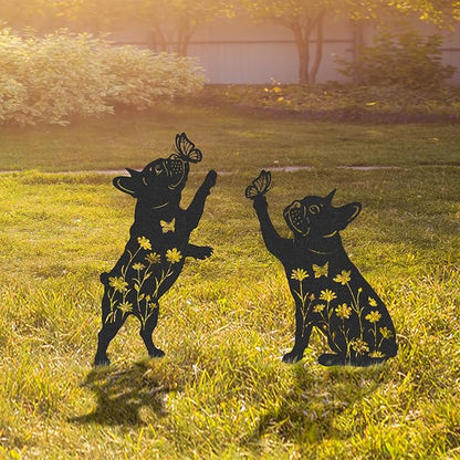 French Bulldog Garden Stakes - 2 Pcs Metal Dog Decor for Outside Waterproof Animal Statues Yard Patio Lawn Walkway Decoration Butterfly Flower Silhouette Christmas Ornaments Frenchie Gifts