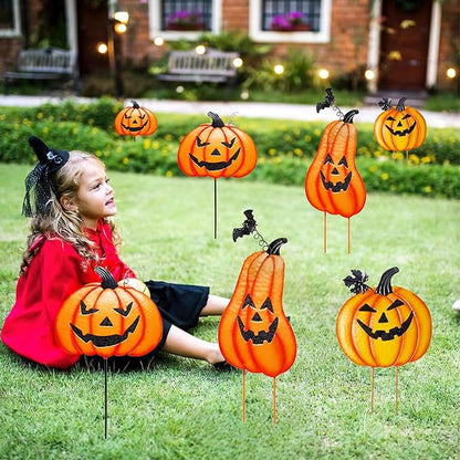 Halloween Metal Pumpkin Yard Stakes, Stackable Pumpkin Signs Garden Stake with Witch Door Hanging, Outdoor Halloween Decorations for Lawn Party (Set of 3, Style A)