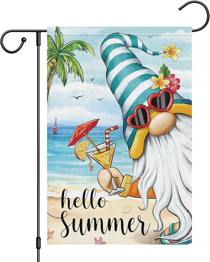 Heyfibro Hello Summer Gnome with Cocktail Garden Flag 12x18 Double Sided Burlap, Hawaii Tropical Beach Holiday Ocean Sea Welcome Flower Yard Banner for Seasonal Outdoor Party Decoration(ONLY FLAG)