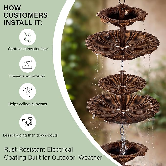 Fountain Rain Chain for Gutters – Large & Small Cup Designed Rain Chains, Customizable DIY Layout, Rust-Resistant Coated Metal Downspout Alternative for Garden, Patio & Outdoor Décor (8.5 FT)