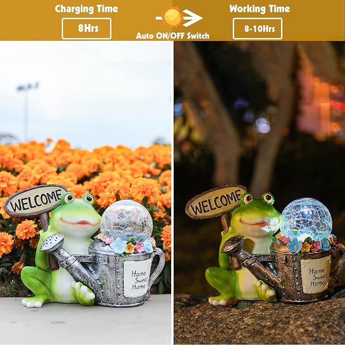 Solar Garden Outdoor Statues Frog Statues with Solar Light, Outdoor Mushroom Frog Figurines Decorations Yard Decor for Patio Balcony Lawn Ornament, Unique Housewarming Gifts for Women