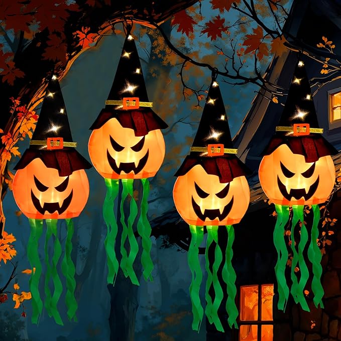 Halloween Decorations Outdoor, 4 PCS Hanging Lighted Glowing Pumpkin Witch Hat with 3 Modes Lighted Up Scary Orange Halloween Decorations for Indoor Outside Party Yard Tree Garden, 24Inch