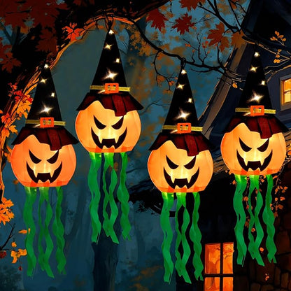 Halloween Decorations Outdoor, 4 PCS Hanging Lighted Glowing Pumpkin Witch Hat with 3 Modes Lighted Up Scary Orange Halloween Decorations for Indoor Outside Party Yard Tree Garden, 24Inch