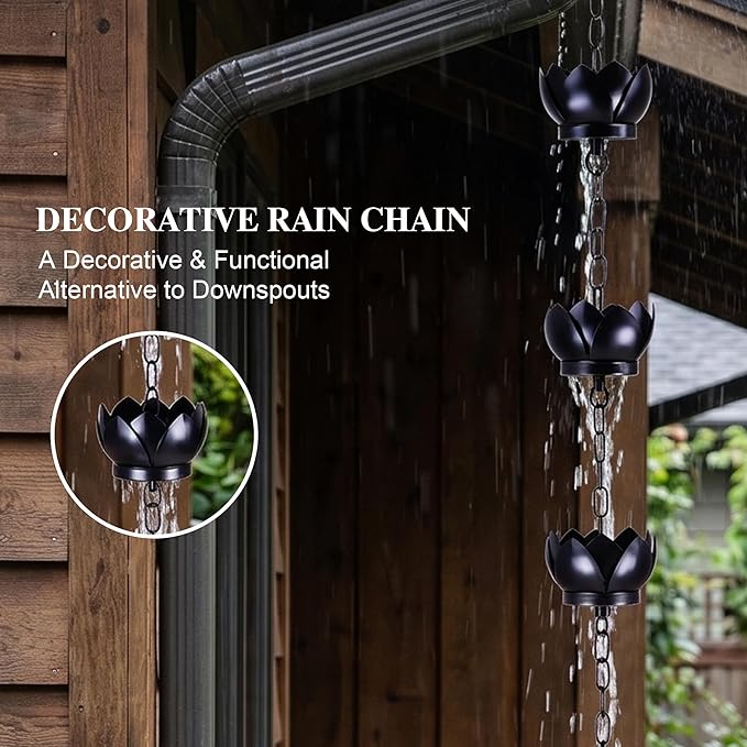 Topadorn Lotus Rain Chain for Gutters, Functional and Decorative Replacement for Gutter Downspouts, Adjustable Rain Catcher Chain with 8 Cup for Eaves Drainage, Black