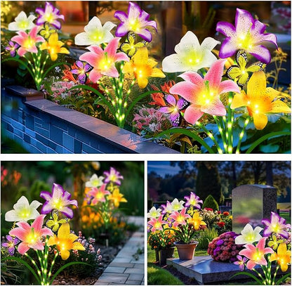 Solar Garden Lights 2 Pack 8 Lily Flowers with Butterfly Decor,Gifts for Mom Woman Birthday Solar Flower Lights for Outside,Cemetery Flowers for Grave - Decorative Lilies for Yard, Patio, Pathway