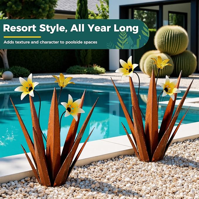 2 Pack Metal Agave Plant Sculptures, Outdoor Agave Plants, Tequila Rustic Sculpture, 16” Hand Painted Garden Decoration Yard Art Plant