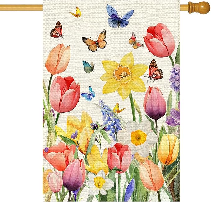 Baccessor Spring Easter Tulip House Flag Double Sided 28x40 Inch Burlap,Daffodil Floral Butterflies Large Garden Flag Porch Patio Front Entry Yard Seasonal Farmhouse Outside Outdoor Decor