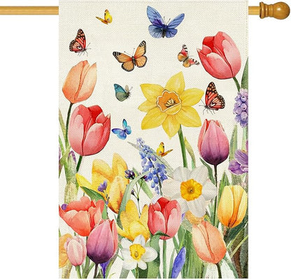 Baccessor Spring Easter Tulip House Flag Double Sided 28x40 Inch Burlap,Daffodil Floral Butterflies Large Garden Flag Porch Patio Front Entry Yard Seasonal Farmhouse Outside Outdoor Decor