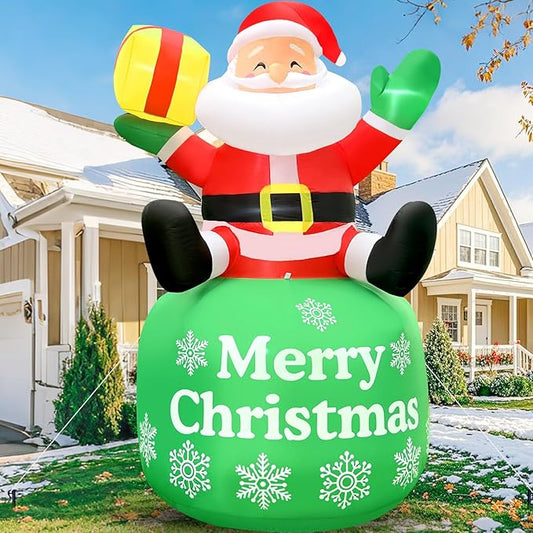 8FT Christmas Inflatable Santa 8FT Sitting Santa Claus Christmas Inflatables Outdoor Decorations Xmas Santa Blow Up Yard Decor with Built-in 5 LEDs for Yard Garden Lawn(with Storage Bag)