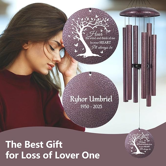 Memorial Engraved Wind Chimes Personalized, Tree of Life Wind Chimes for Loss Loved One Mother Father, Memorial Gifts for Sympathy Remembrance Bereavement, Produced in USA