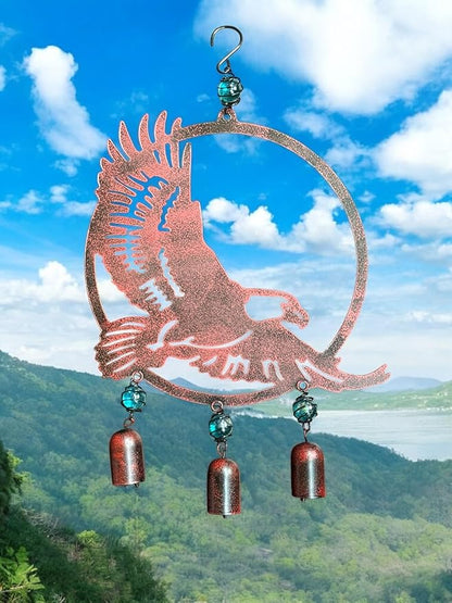 Wind Chime Eagle American Hanging Decor for Outdoor Metal W Glass Rustic Lawn Yard Patriotic 19" x 12"