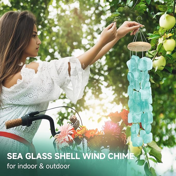 Wind Chimes for Outside 26", Clear Tones Lake Blue Sea Shell Wind Chimes Outdoor, Handcrafted Capiz Sea Glass Shells Windchimes Memorial Wind Chime for Patio, Garden, Porch Decor, Beach Gifts