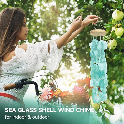 Wind Chimes for Outside 26", Clear Tones Lake Blue Sea Shell Wind Chimes Outdoor, Handcrafted Capiz Sea Glass Shells Windchimes Memorial Wind Chime for Patio, Garden, Porch Decor, Beach Gifts