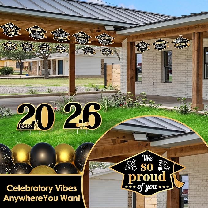 16 Pieces 2026 Graduation Yard Signs Plastic Congrats Grad Decor with 32 Stake and Ribbon Graduate Cap Hanging Yard Sign for Party Outdoor Lawn Pathway Walkway Decorations(Black and Gold)